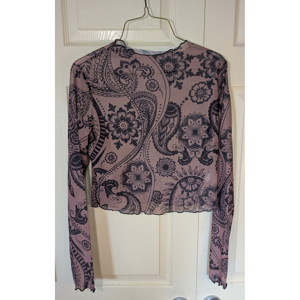 Whimsy Goth Paisley Sheer Mesh Cropped Long Sleeve Top Neutral & Blk XL Y2K Vibe